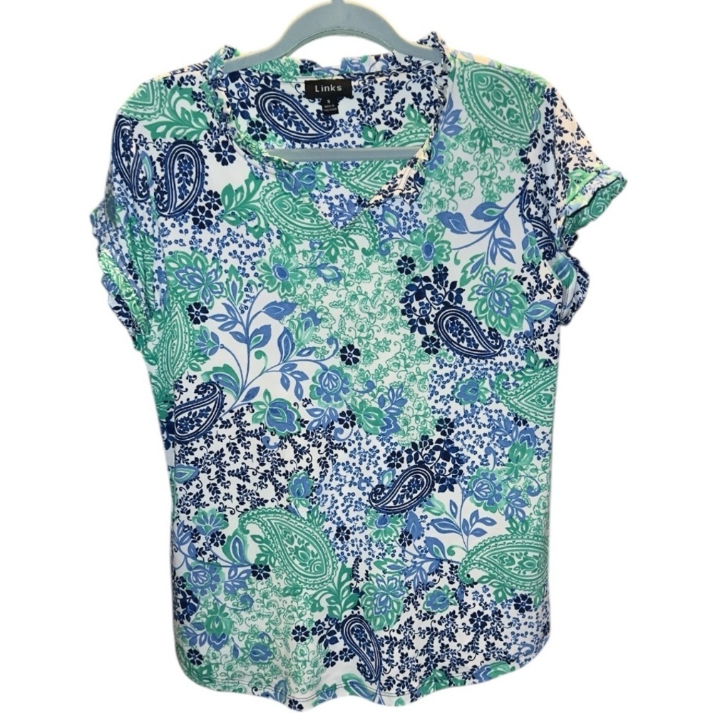 🌺LINKS V RUFFLED NECK PAISLEY BLOUSE